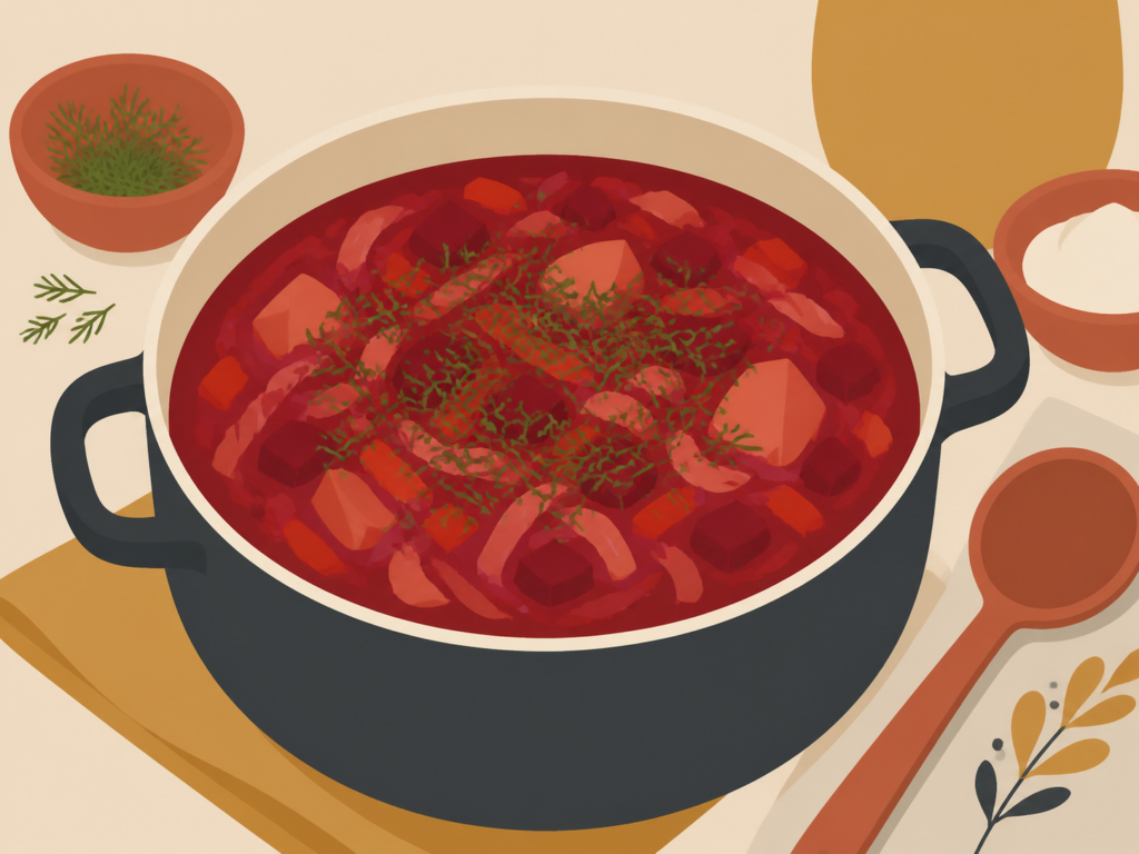Кастрюля борща с яркой свёклой и зеленью