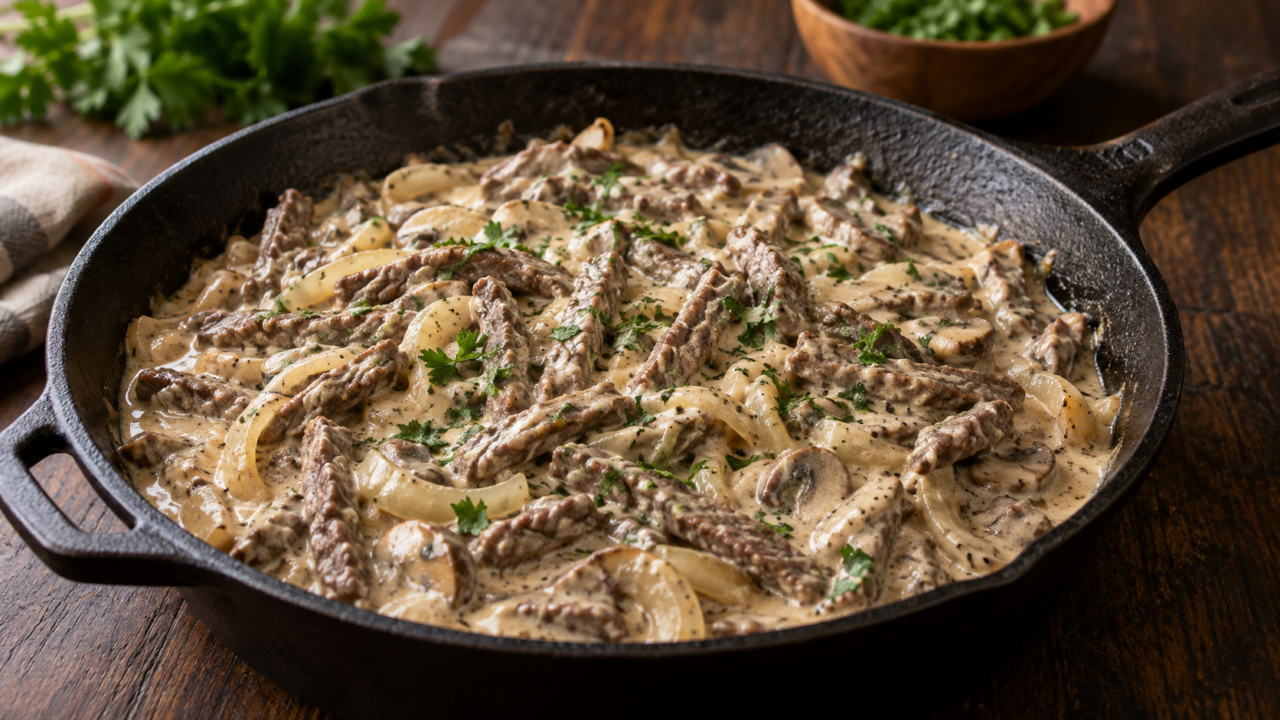 Классический бефстроганов из говядины: мясо режут тонкой соломкой против волокон, быстро обжаривают на сильном огне, соединяют с луком и доводят в сметанном соусе 5-7 минут.