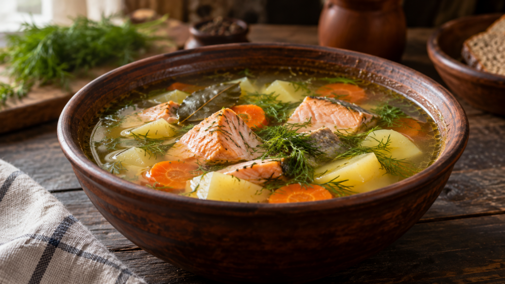 Уха с красной рыбой, картофелем и укропом в глиняной миске